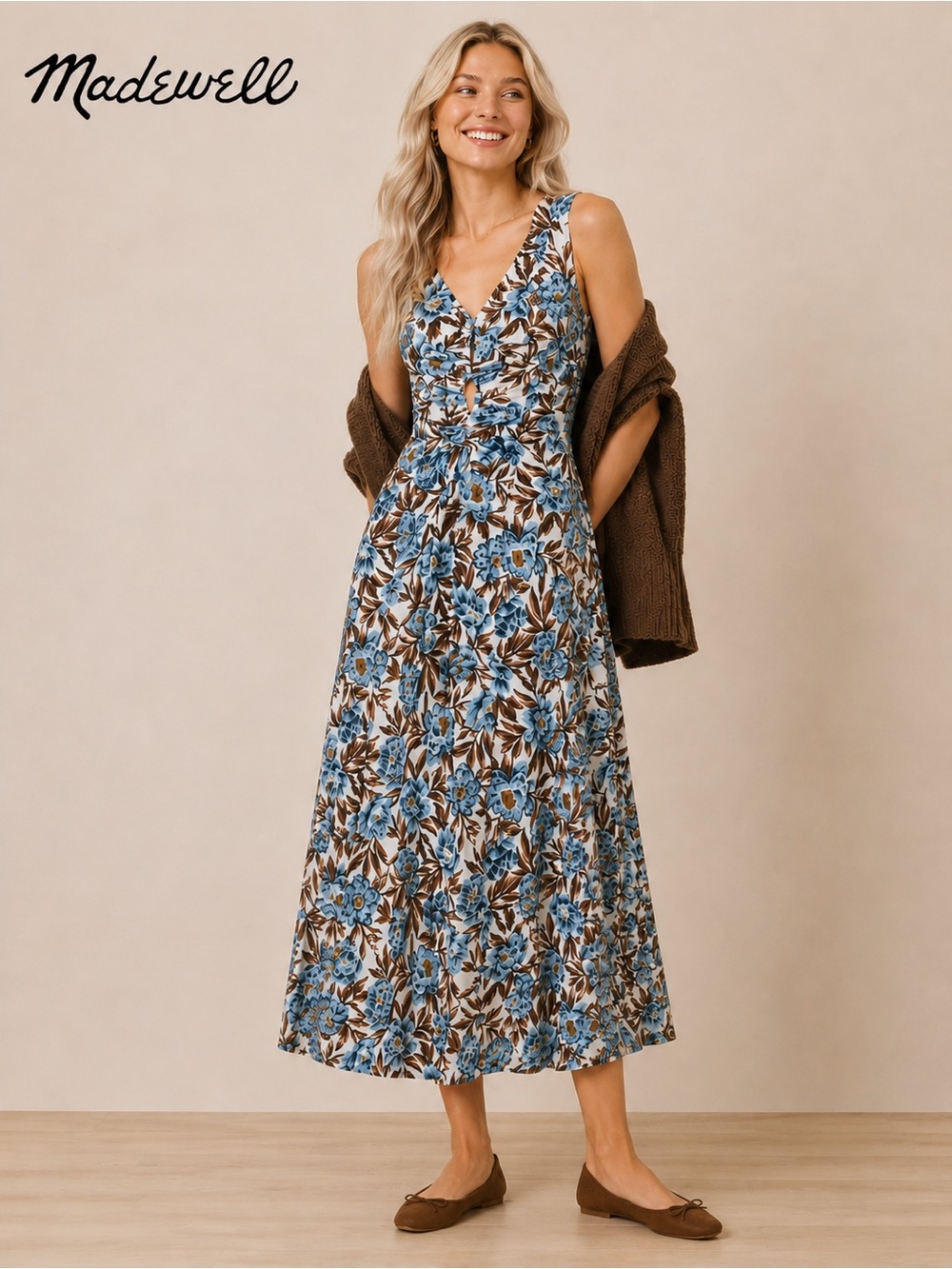 NWT Madewell Blue and Brown Floral Maxi Dress